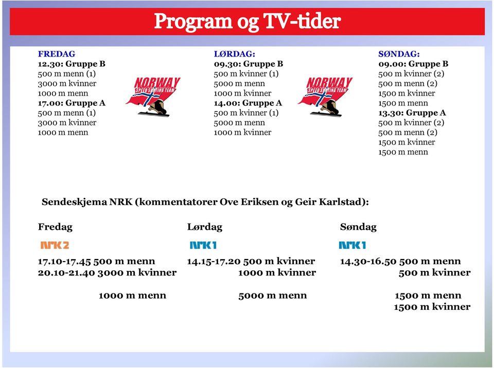 00: Gruppe B 500 m kvinner (2) 500 m menn (2) 1500 m kvinner 1500 m menn 13.