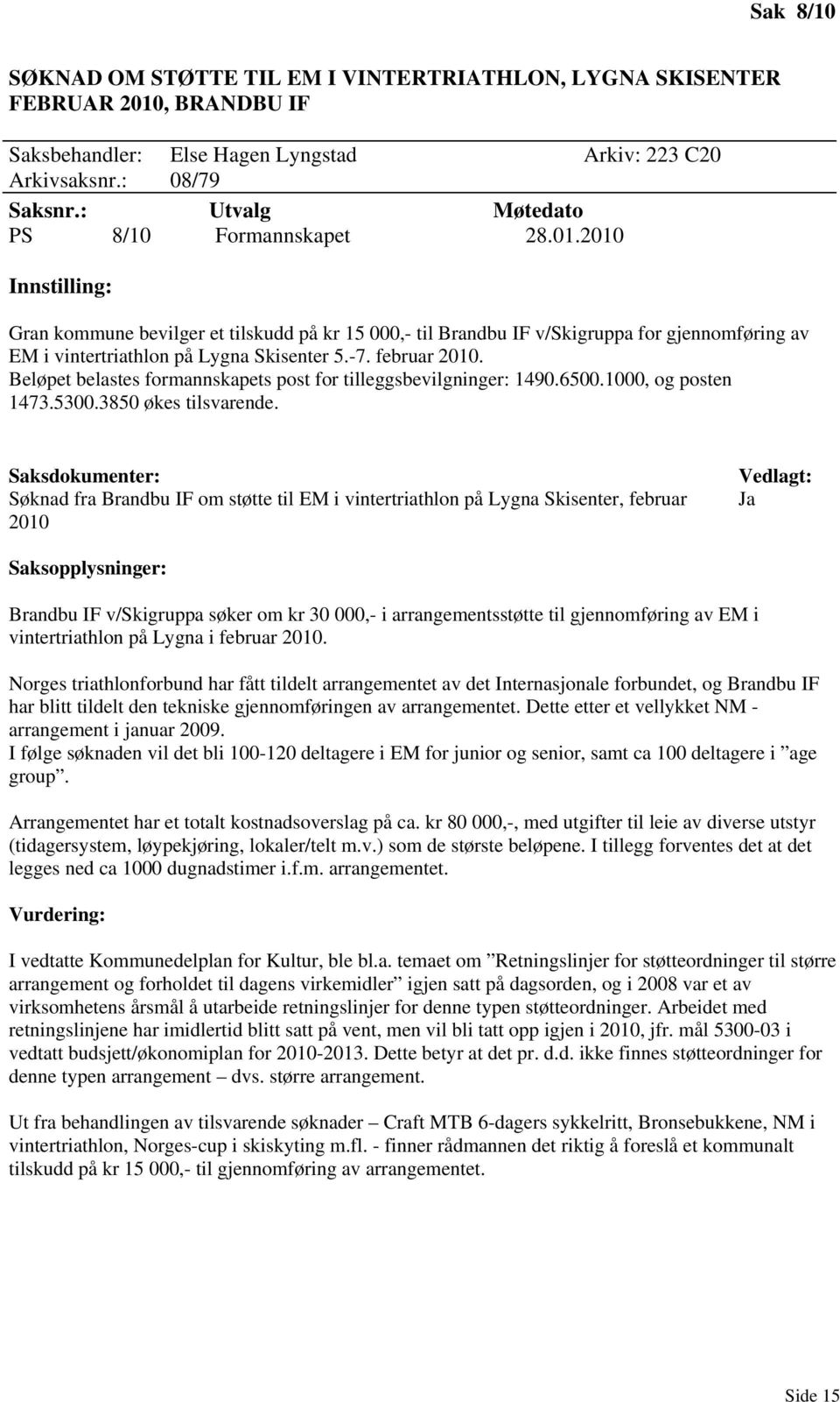 2010 Gran kommune bevilger et tilskudd på kr 15 000,- til Brandbu IF v/skigruppa for gjennomføring av EM i vintertriathlon på Lygna Skisenter 5.-7. februar 2010.