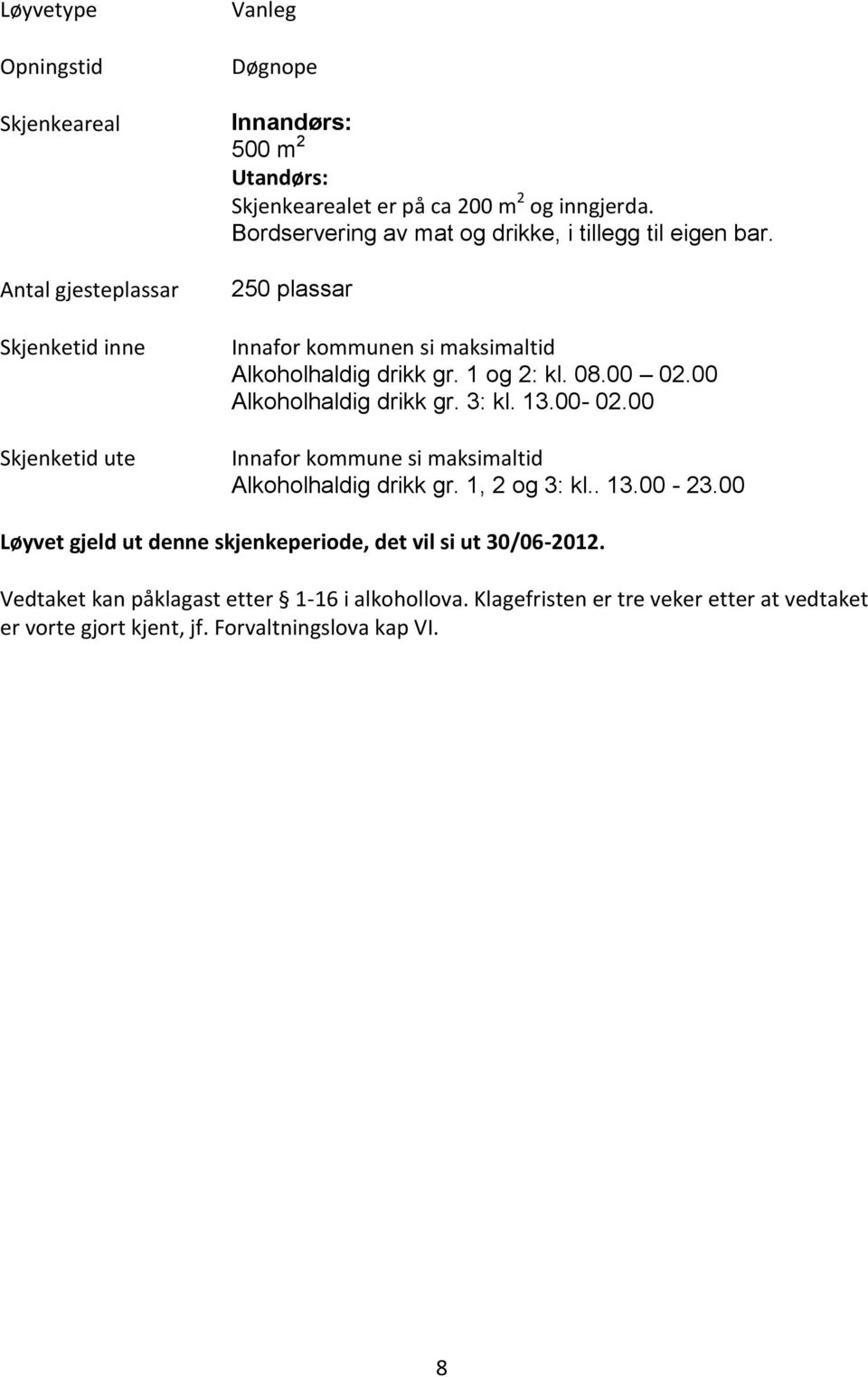 00 Alkoholhaldig drikk gr. 3: kl. 13.00-02.00 Innafor kommune si maksimaltid Alkoholhaldig drikk gr. 1, 2 og 3: kl.. 13.00-23.