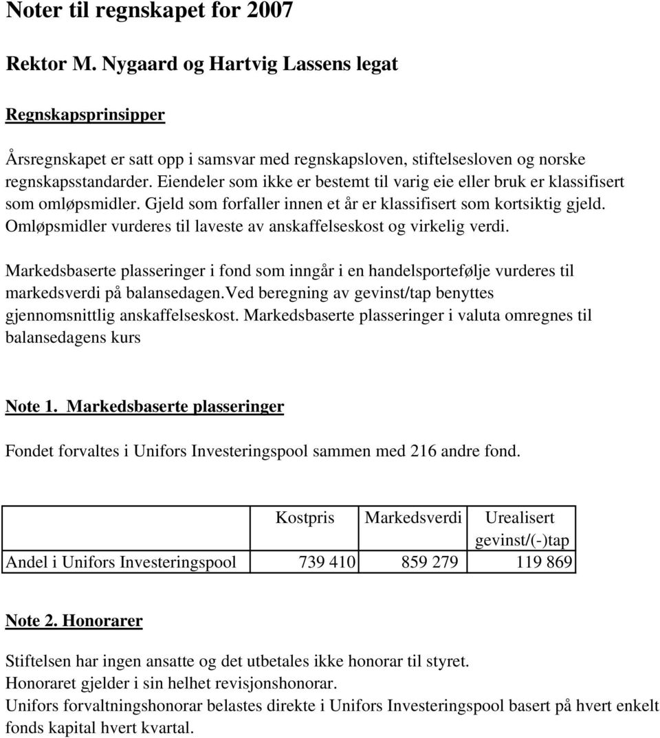 Omløpsmidler vurderes til laveste av anskaffelseskost og virkelig verdi. Markedsbaserte plasseringer i fond som inngår i en handelsportefølje vurderes til markedsverdi på balansedagen.