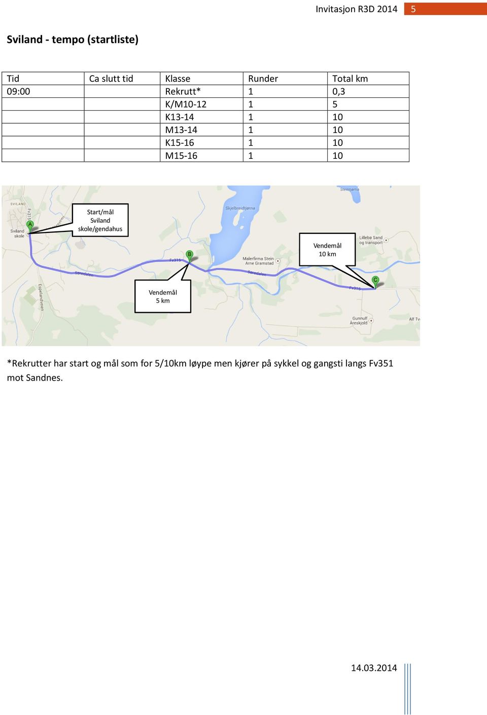 Start/mål Sviland skole/gendahus Vendemål 10 km Vendemål 5 km *Rekrutter har