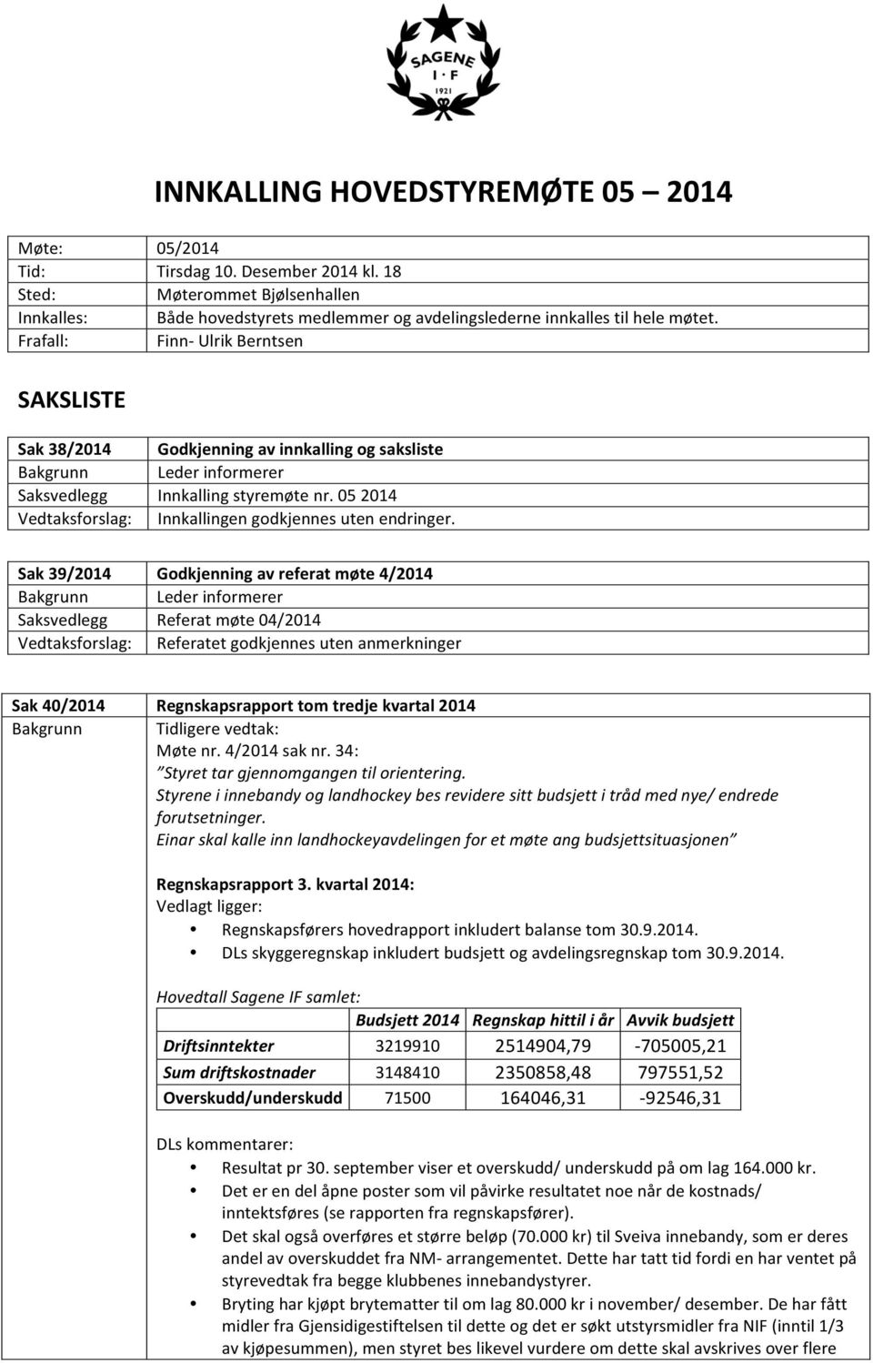 Finn- Ulrik Berntsen SAKSLISTE Sak 38/2014 Godkjenning av innkalling og saksliste Leder informerer Innkalling styremøte nr. 05 2014 Innkallingen godkjennes uten endringer.