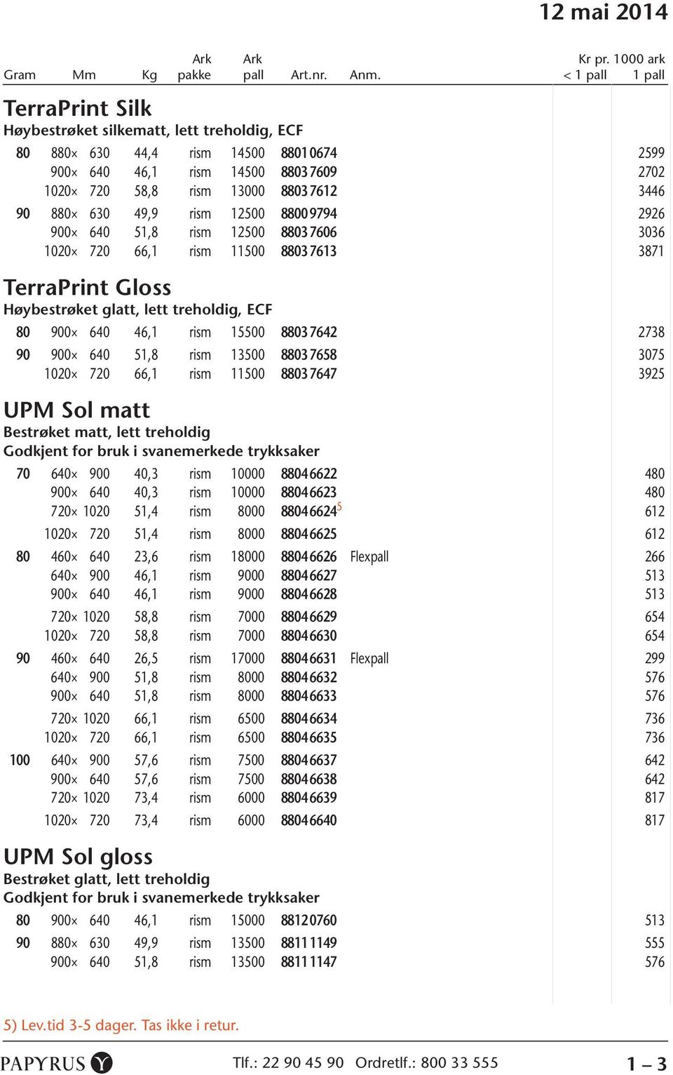 3446 90 880 630 49,9 rism 12500 8800 9794 0 2926 900 640 51,8 rism 12500 8803 7606 0 3036 1020 720 66,1 rism 11500 8803 7613 0 3871 TerraPrint Gloss Høybestrøket glatt, lett treholdig, ECF 80 900 640