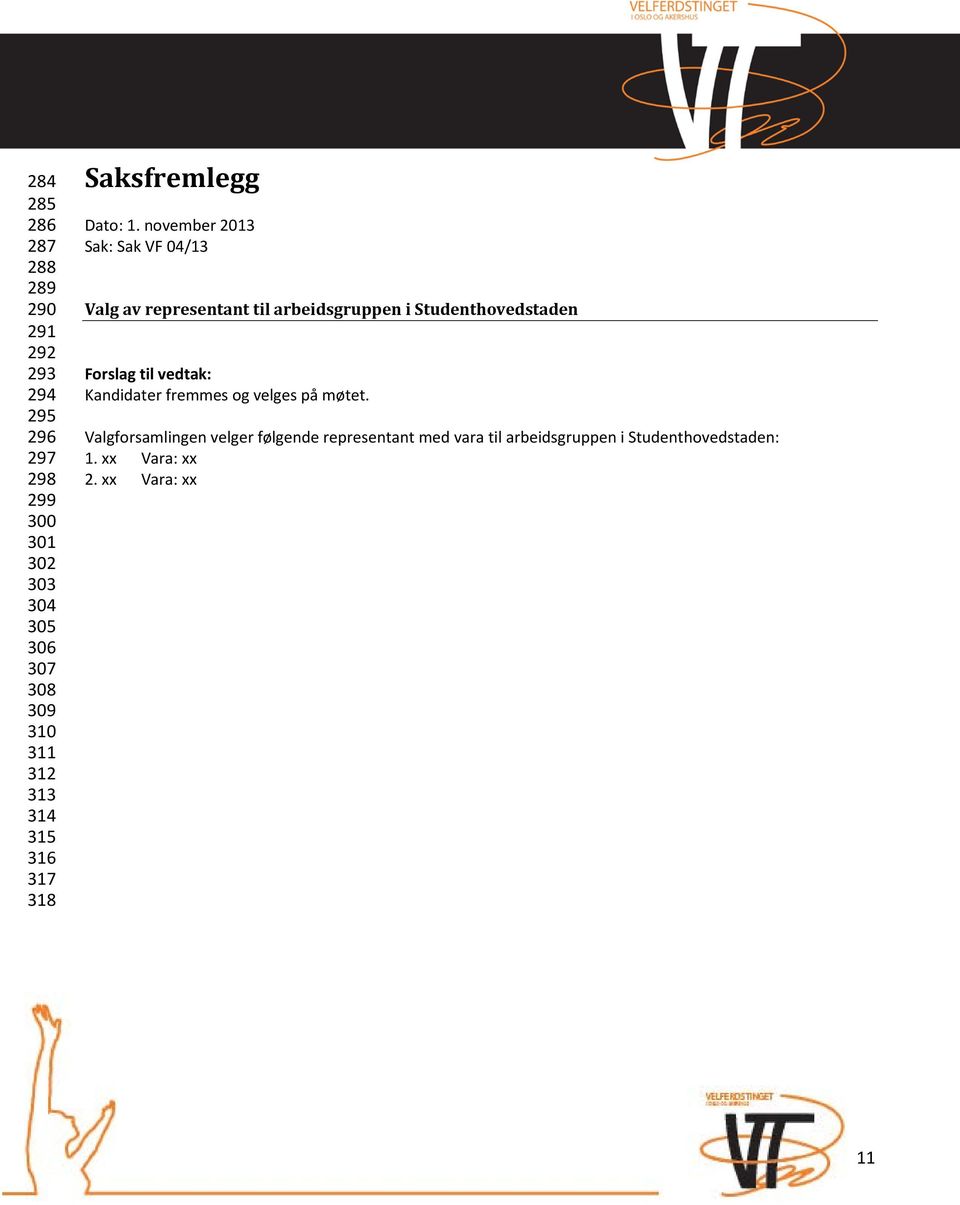 november 2013 Sak: Sak VF 04/13 Valg av representant til arbeidsgruppen i Studenthovedstaden Forslag til