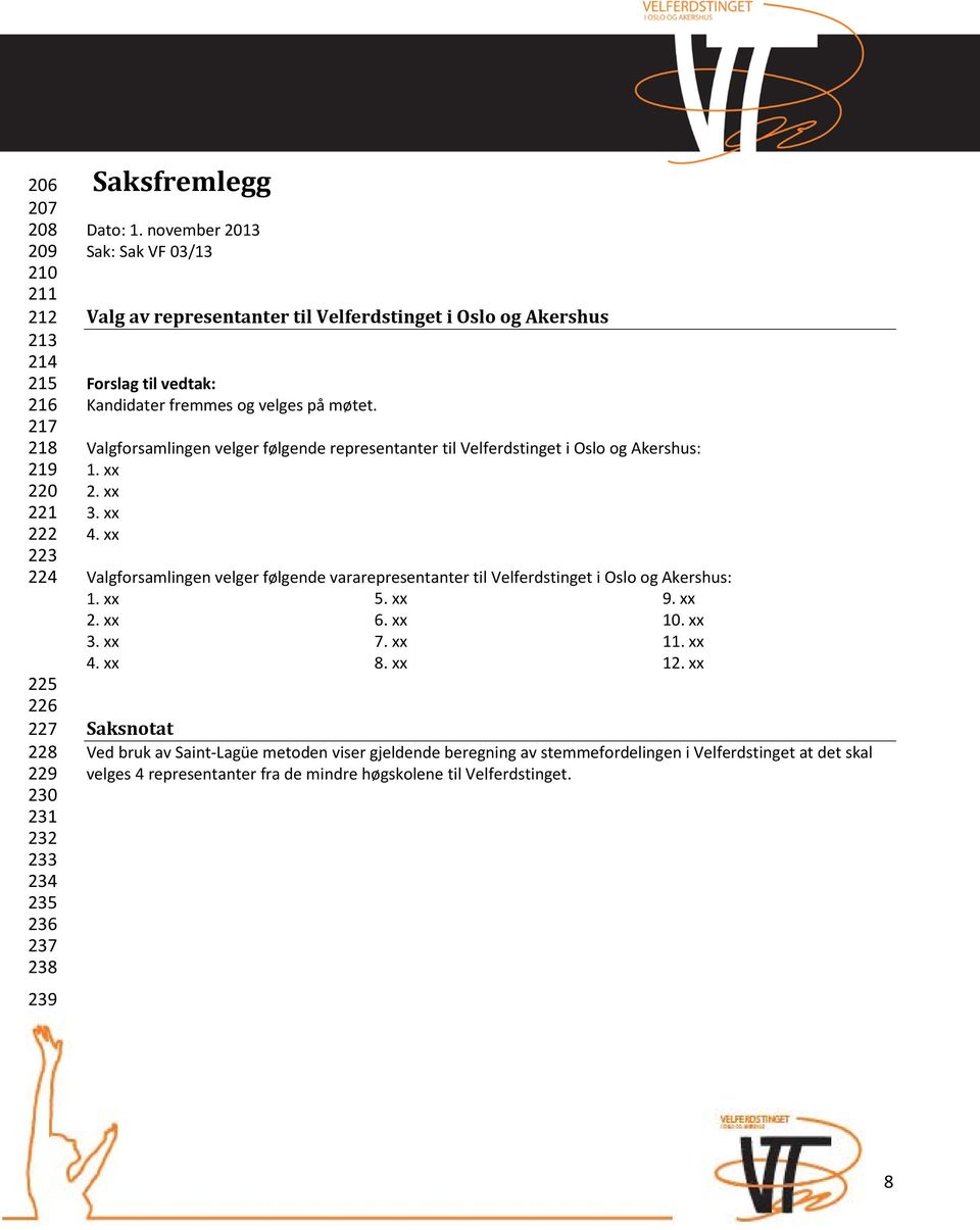 Valgforsamlingen velger følgende representanter til Velferdstinget i Oslo og Akershus: 1. xx 2. xx 3. xx 4.