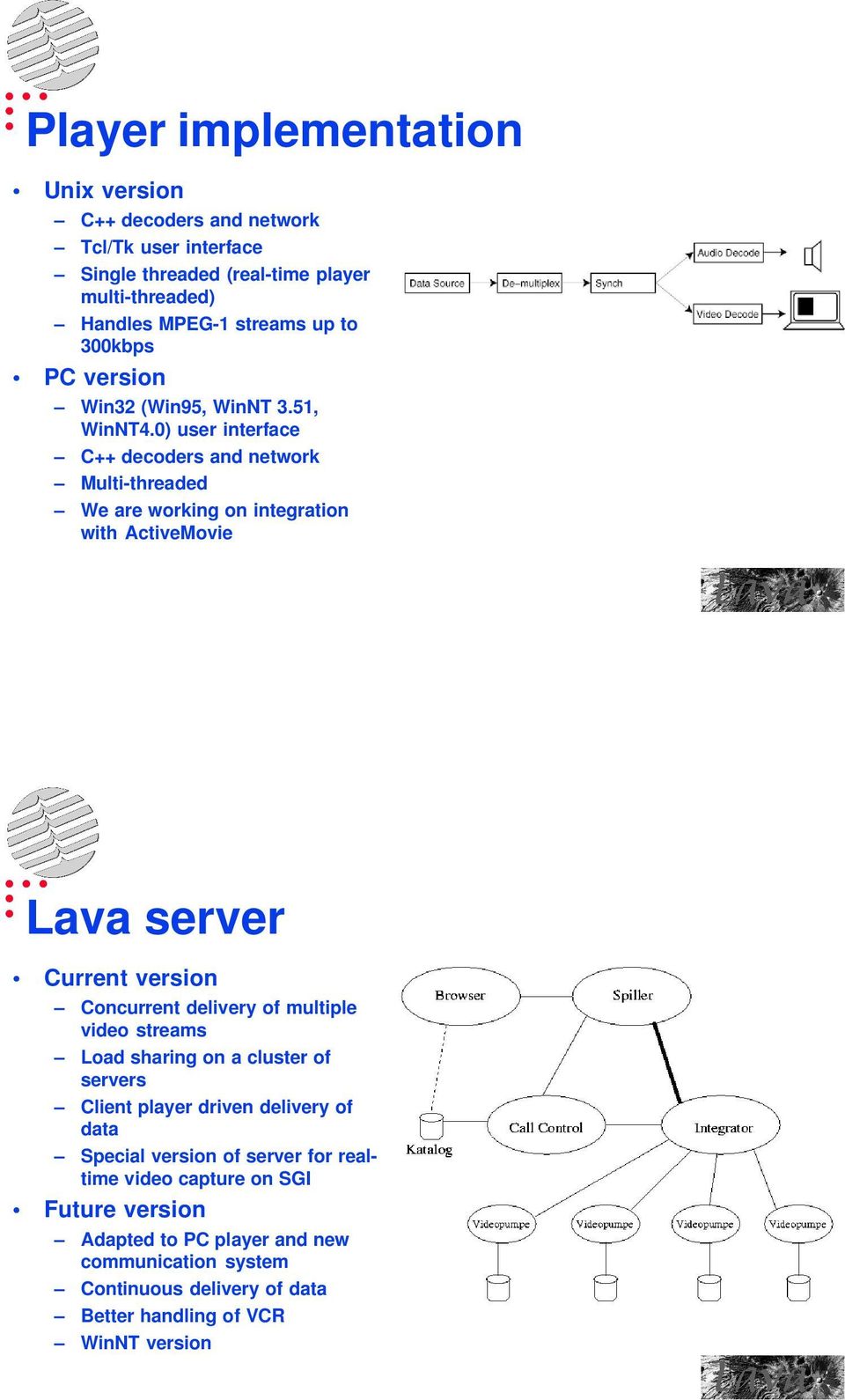 0) user interface C++ decoders and network Multi-threaded We are working on integration with ActiveMovie Lava server Current version Concurrent delivery of