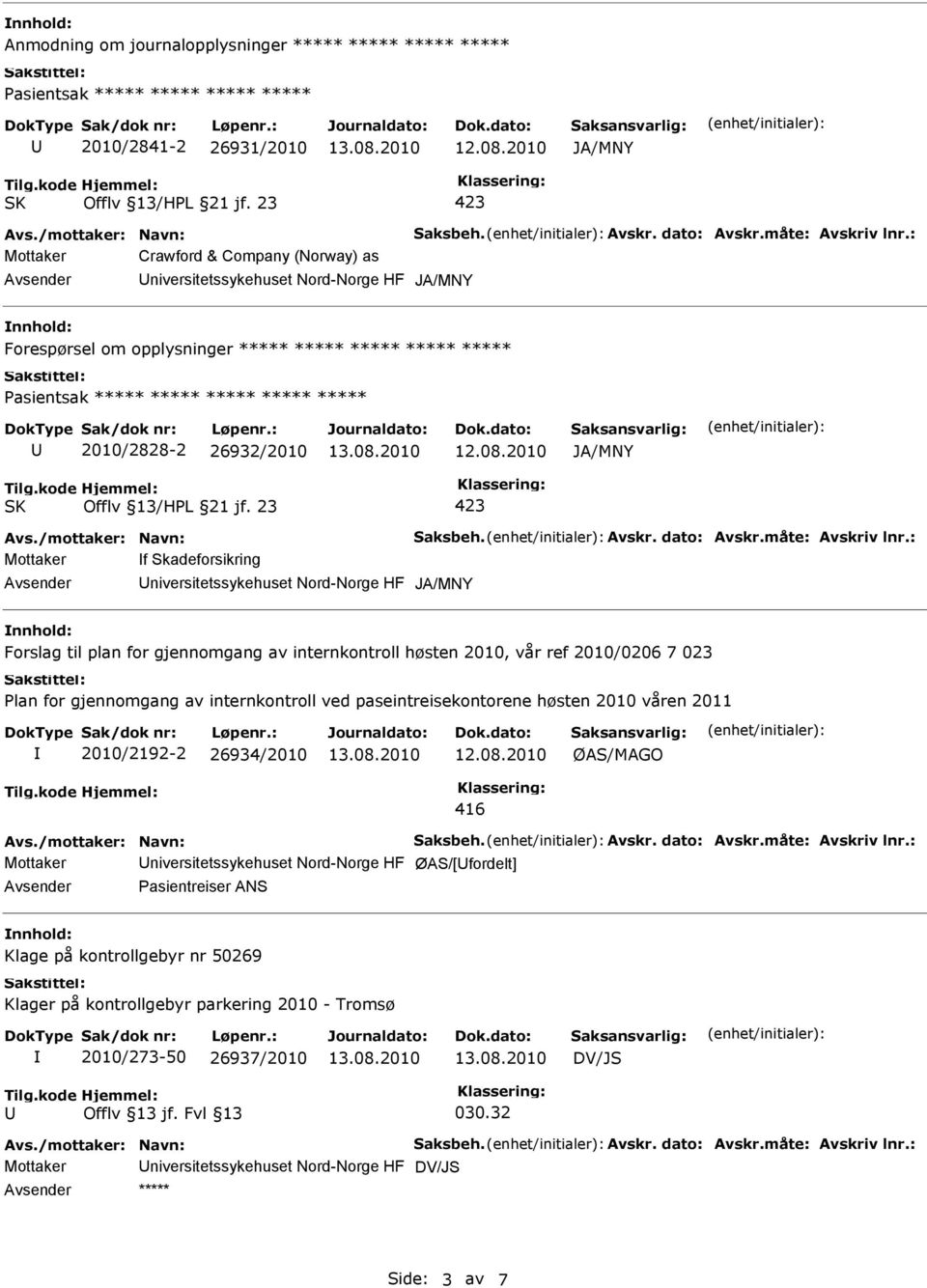 for gjennomgang av internkontroll ved paseintreisekontorene høsten 2010 våren 2011 2010/2192-2 26934/2010 ØAS/MAGO 416 Mottaker niversitetssykehuset Nord-Norge HF ØAS/[fordelt] Pasientreiser ANS