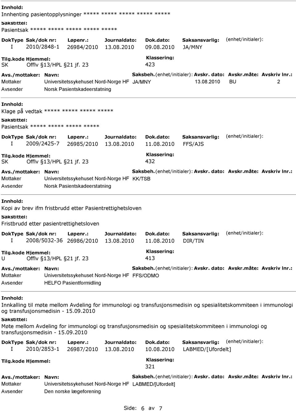 KK/TSB Norsk Pasientskadeerstatning Kopi av brev ifm fristbrudd etter Pasientrettighetsloven Fristbrudd etter pasientrettighetsloven 2008/5032-36 26986/2010 DR/TN 413 Mottaker niversitetssykehuset