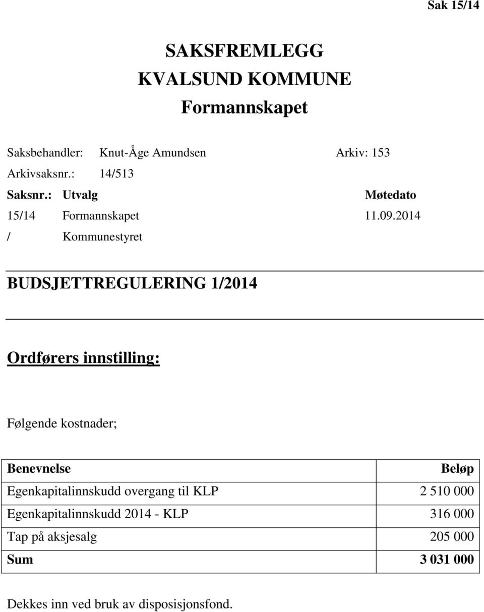 2014 / Kommunestyret BUDSJETTREGULERING 1/2014 Ordførers innstilling: Følgende kostnader; Benevnelse Beløp