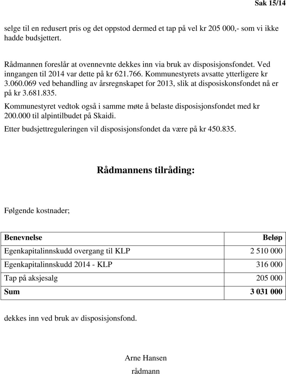 Kommunestyret vedtok også i samme møte å belaste disposisjonsfondet med kr 200.000 til alpintilbudet på Skaidi. Etter budsjettreguleringen vil disposisjonsfondet da være på kr 450.835.