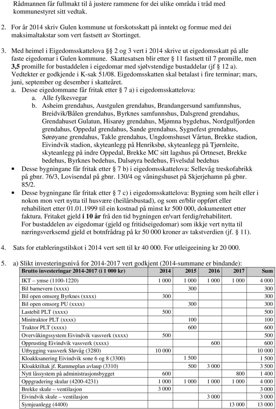 Med heimel i Eigedomsskattelova 2 og 3 vert i 2014 skrive ut eigedomsskatt på alle faste eigedomar i Gulen kommune.