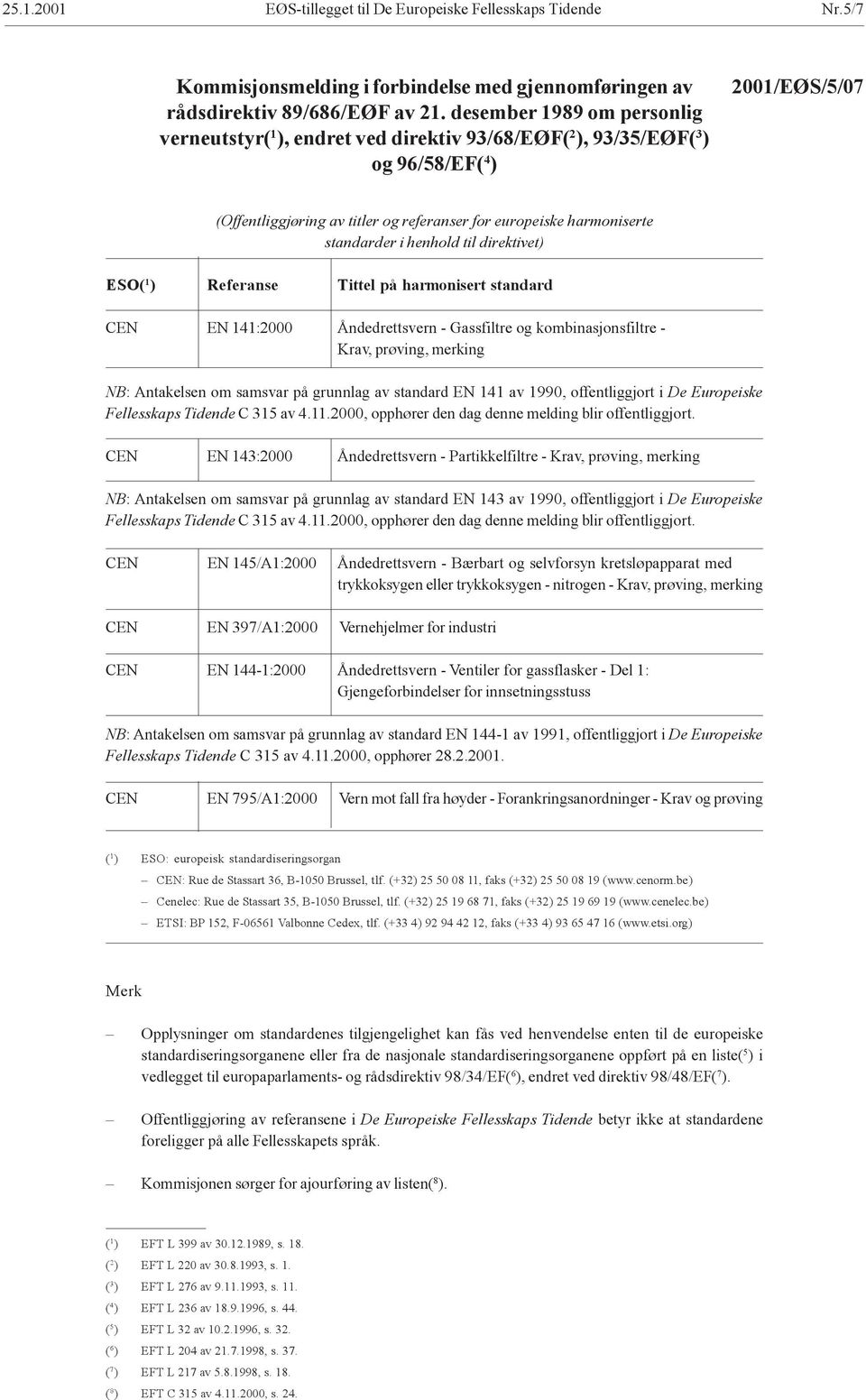 standarder i henhold til direktivet) ESO( 1 ) Referanse Tittel på harmonisert standard CEN EN 141:2000 Åndedrettsvern - Gassfiltre og kombinasjonsfiltre - Krav, prøving, merking NB: Antakelsen om