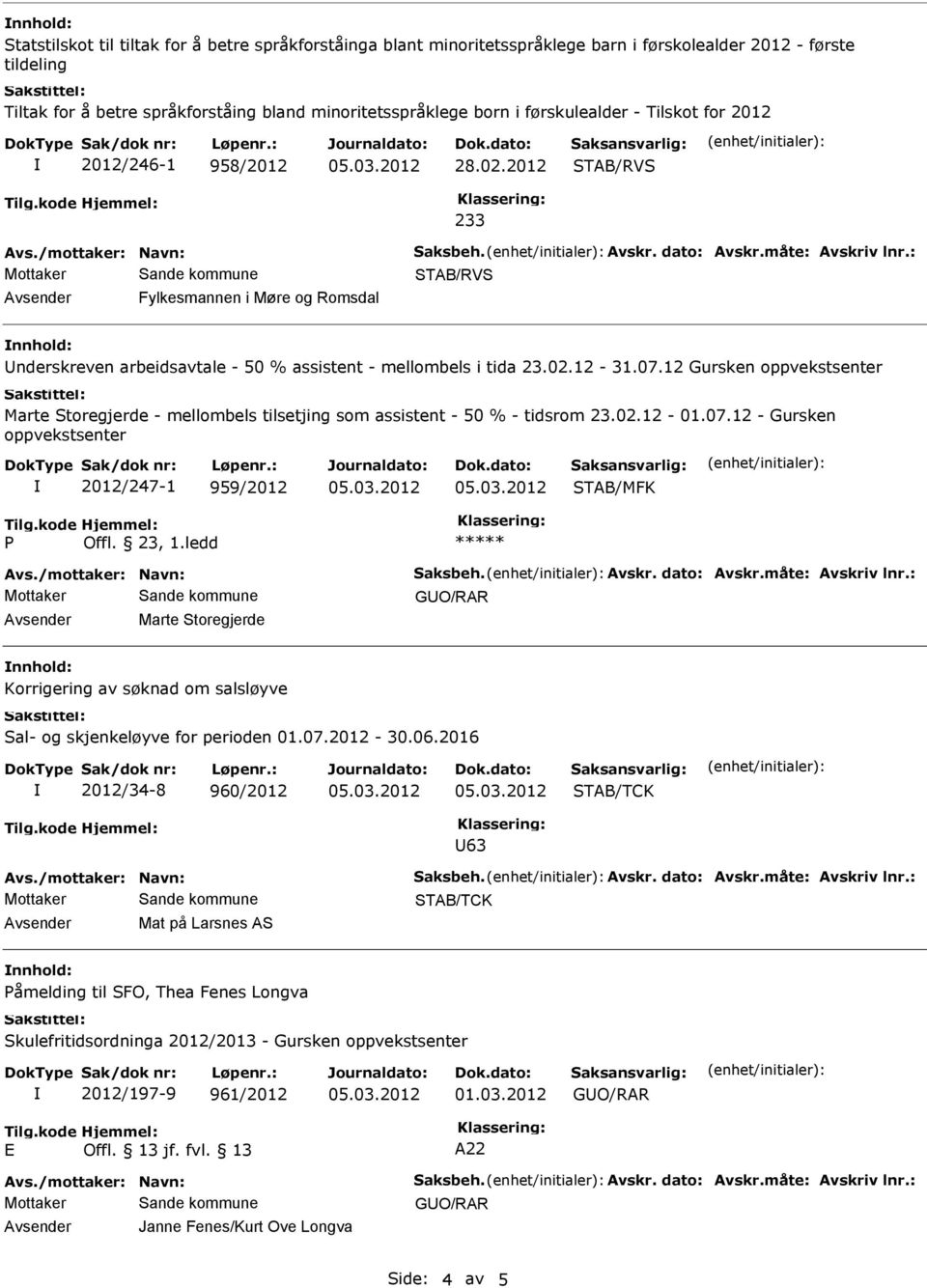 : STB/RVS vsender Fylkesmannen i Møre og Romsdal nnhold: Underskreven arbeidsavtale - 50 % assistent - mellombels i tida 23.02.12-31.07.