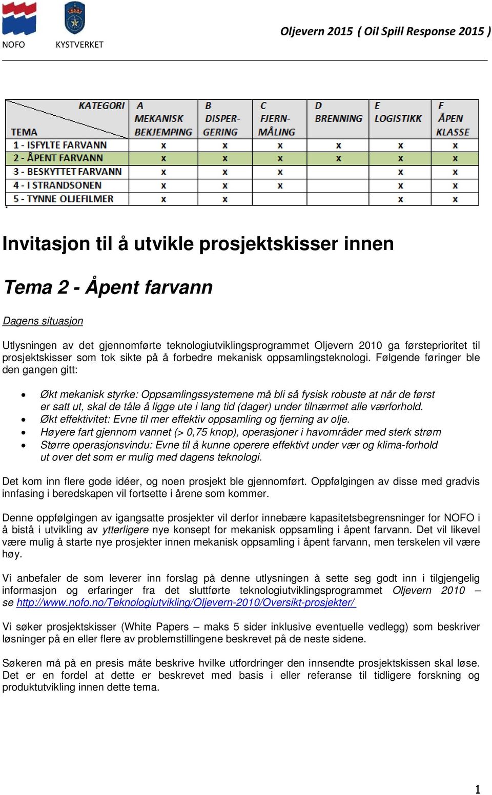 Følgende føringer ble den gangen gitt: Økt mekanisk styrke: Oppsamlingssystemene må bli så fysisk robuste at når de først er satt ut, skal de tåle å ligge ute i lang tid (dager) under tilnærmet alle