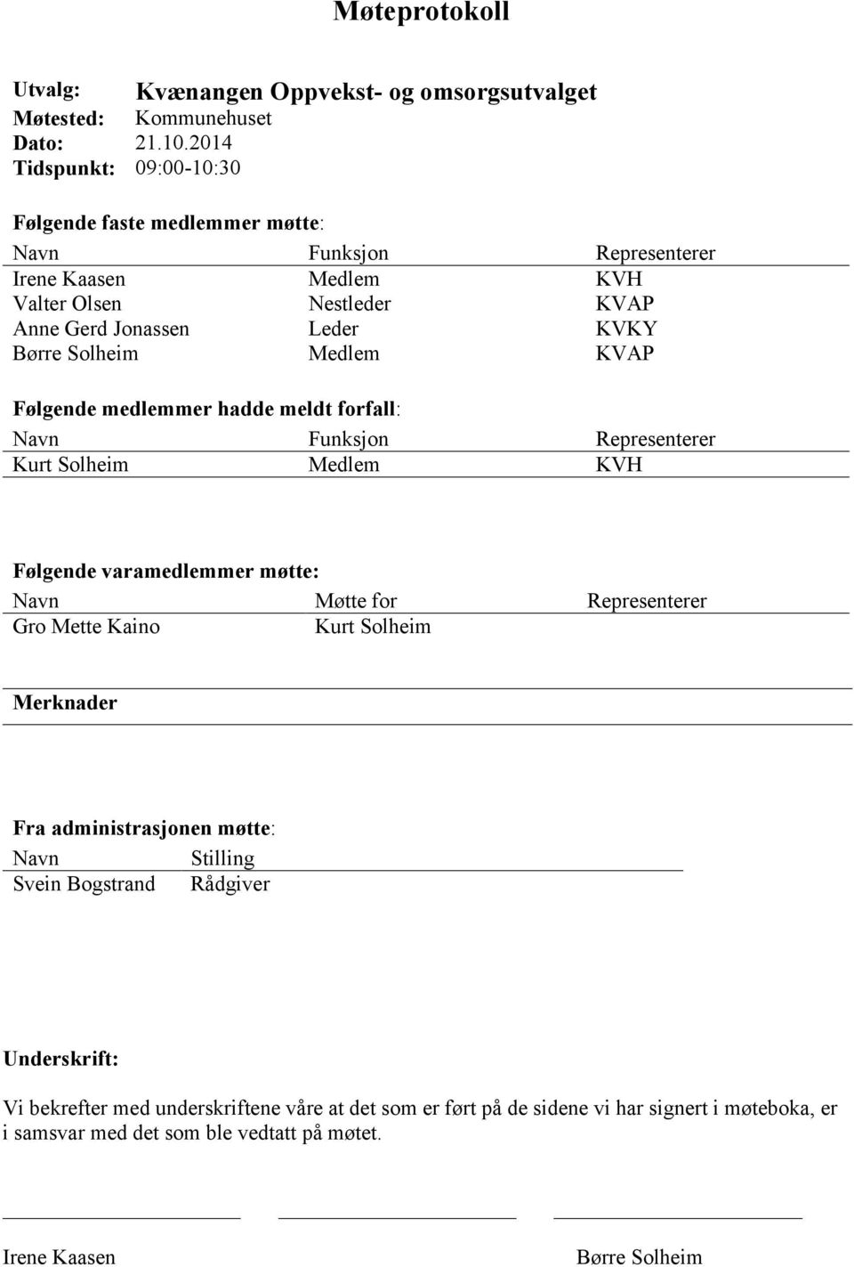 Solheim Medlem KVAP Følgende medlemmer hadde meldt forfall: Navn Funksjon Representerer Kurt Solheim Medlem KVH Følgende varamedlemmer møtte: Navn Møtte for Representerer Gro Mette