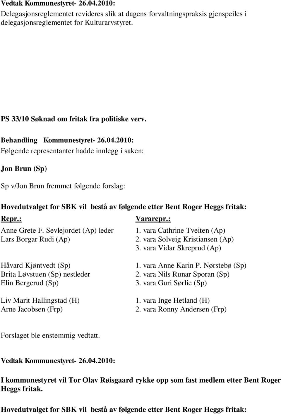 Følgende representanter hadde innlegg i saken: Jon Brun (Sp) Sp v/jon Brun fremmet følgende forslag: Hovedutvalget for SBK vil bestå av følgende etter Bent Roger Heggs fritak: Repr.: Anne Grete F.