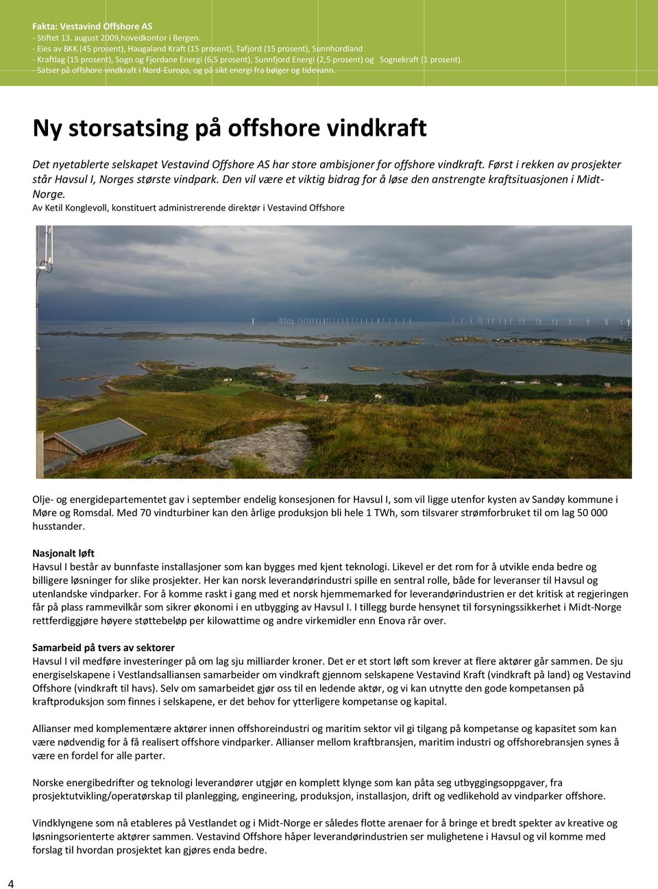 Sognekraft (1 prosent). - Satser på offshore vindkraft i Nord-Europa, og på sikt energi fra bølger og tidevann.