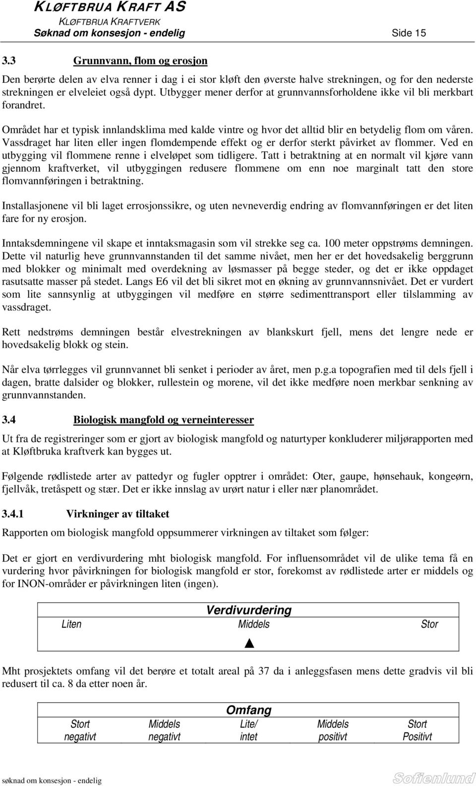 Utbygger mener derfor at grunnvannsforholdene ikke vil bli merkbart forandret. Området har et typisk innlandsklima med kalde vintre og hvor det alltid blir en betydelig flom om våren.