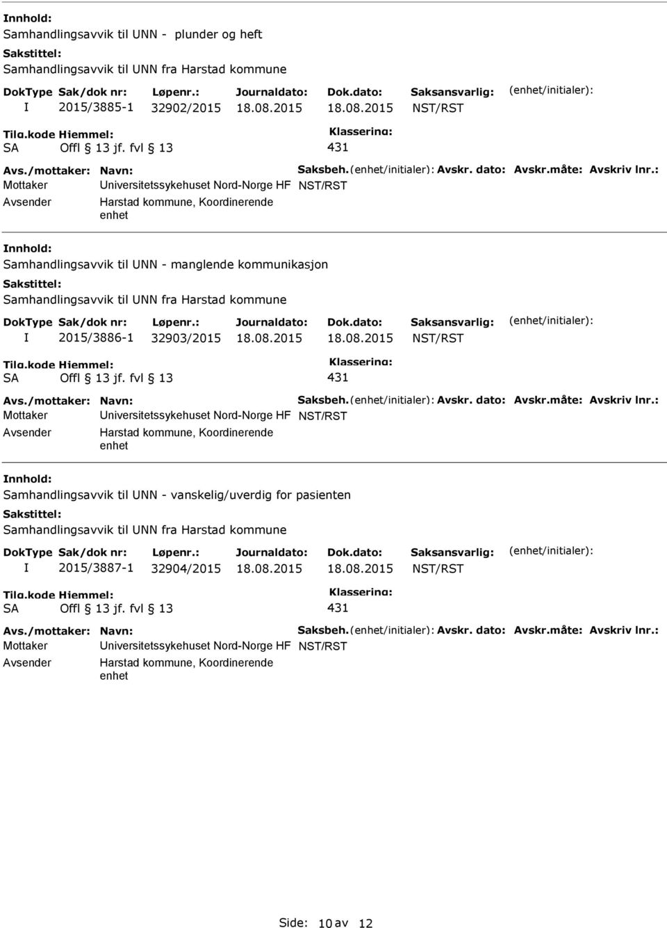 : Mottaker niversitetssykehuset Nord-Norge HF NST/RST Harstad kommune, Koordinerende enhet Samhandlingsavvik til NN - manglende kommunikasjon Samhandlingsavvik til NN fra Harstad kommune 2015/3886-1