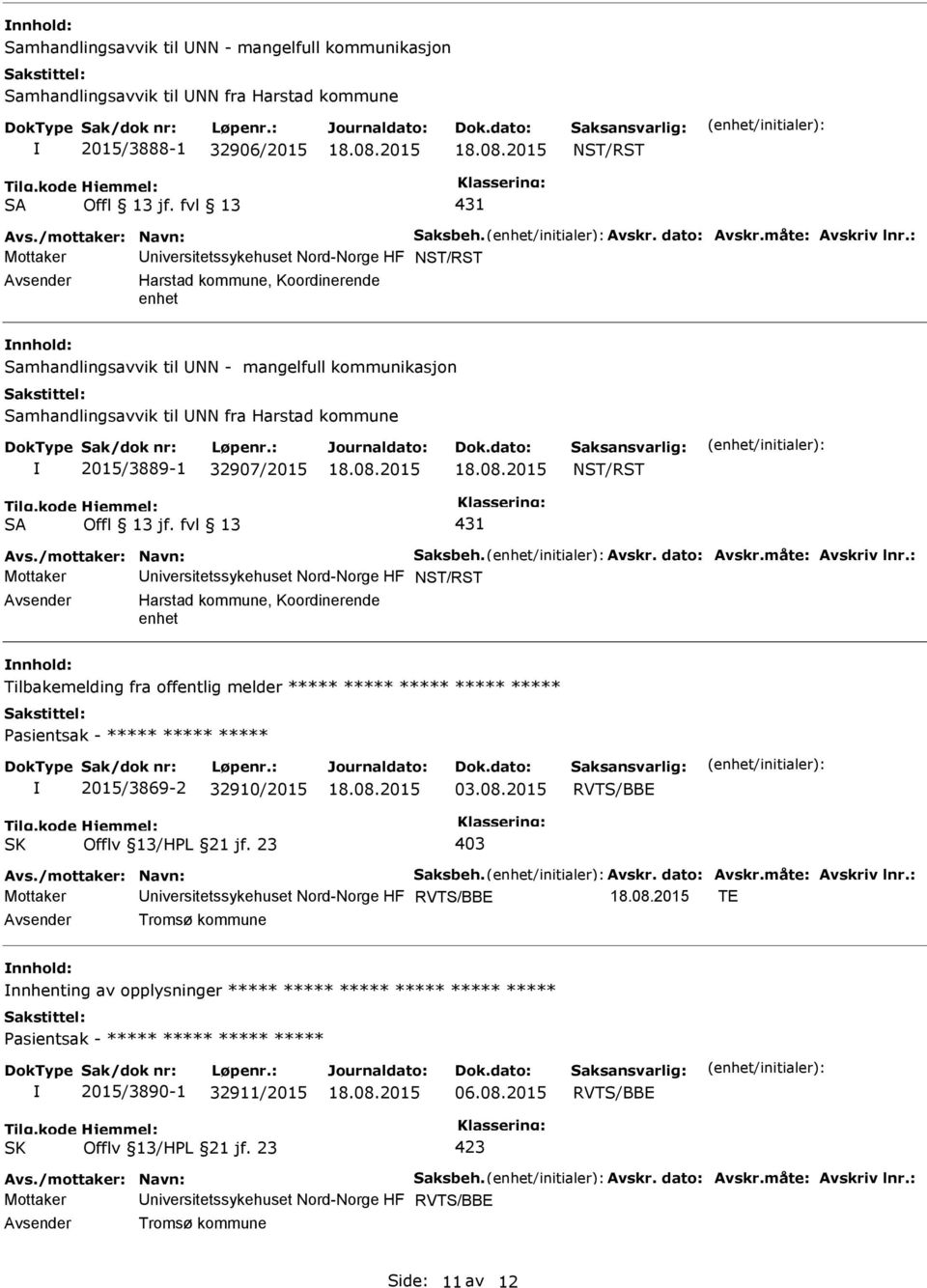 : Mottaker niversitetssykehuset Nord-Norge HF NST/RST Harstad kommune, Koordinerende enhet Samhandlingsavvik til NN - mangelfull kommunikasjon Samhandlingsavvik til NN fra Harstad kommune 2015/3889-1