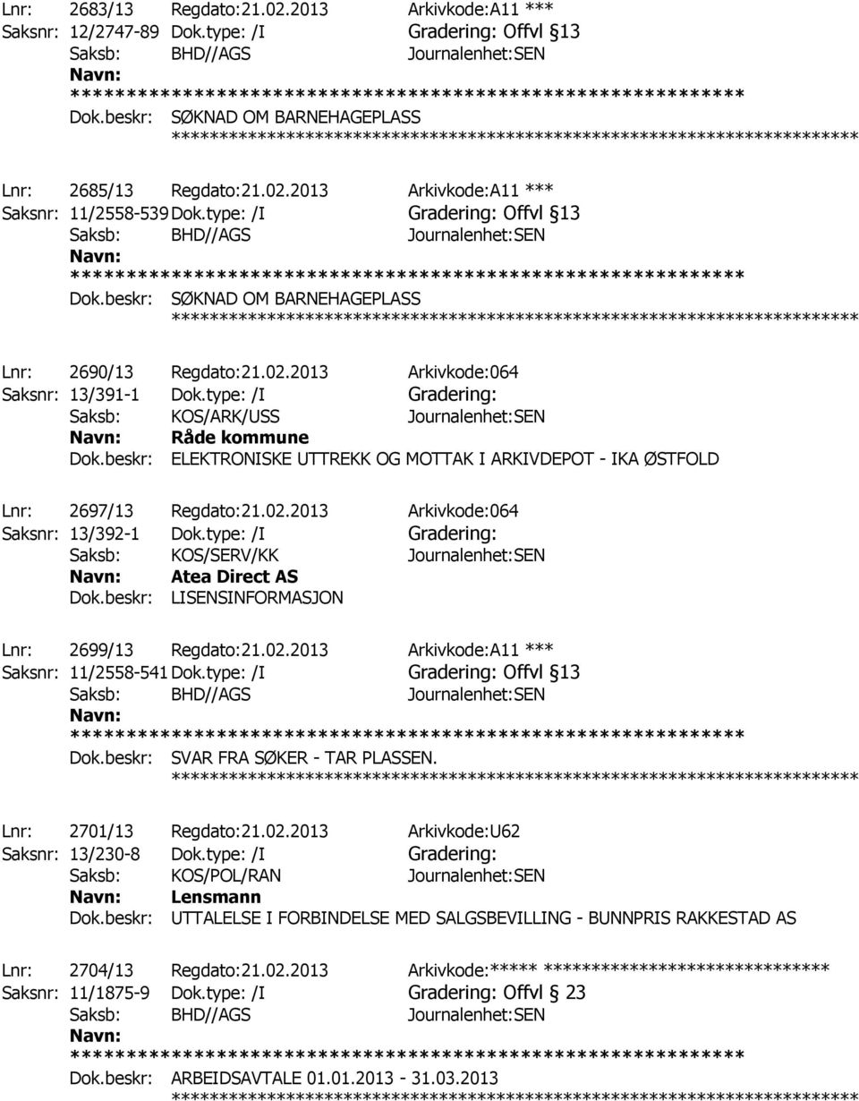 beskr: ELEKTRONISKE UTTREKK OG MOTTAK I ARKIVDEPOT - IKA ØSTFOLD Lnr: 2697/13 Regdato:21.02.2013 Arkivkode:064 Saksnr: 13/392-1 Dok.