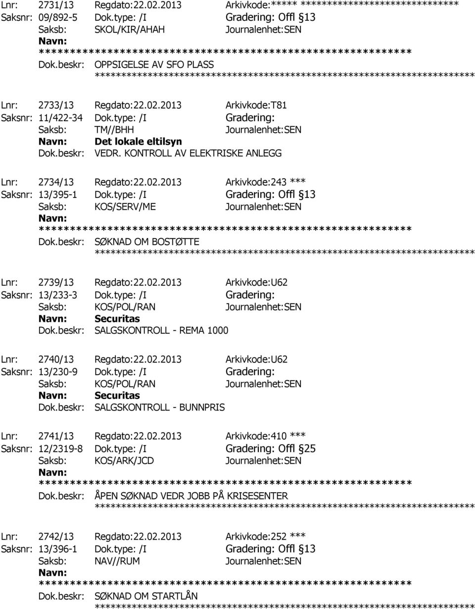 KONTROLL AV ELEKTRISKE ANLEGG ************ Lnr: 2734/13 Regdato:22.02.2013 Arkivkode:243 *** Saksnr: 13/395-1 Dok.type: /I Gradering: Offl 13 Saksb: KOS/SERV/ME Journalenhet:SEN Dok.