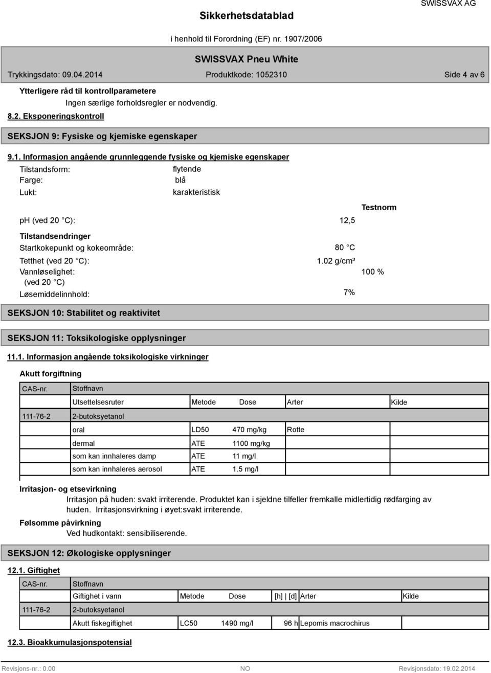 Tetthet (ved 20 C): Vannløselighet: (ved 20 C) Løsemiddelinnhold: SEKSJON 10