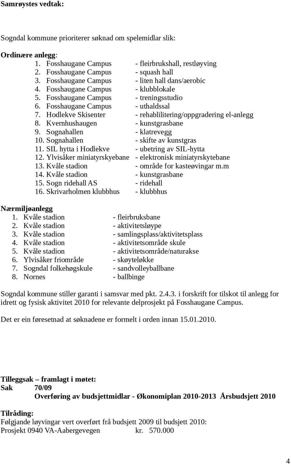 Hodlekve Skisenter - rehablilitering/oppgradering el-anlegg 8. Kvernhushaugen - kunstgrasbane 9. Sognahallen - klatrevegg 10. Sognahallen - skifte av kunstgras 11.