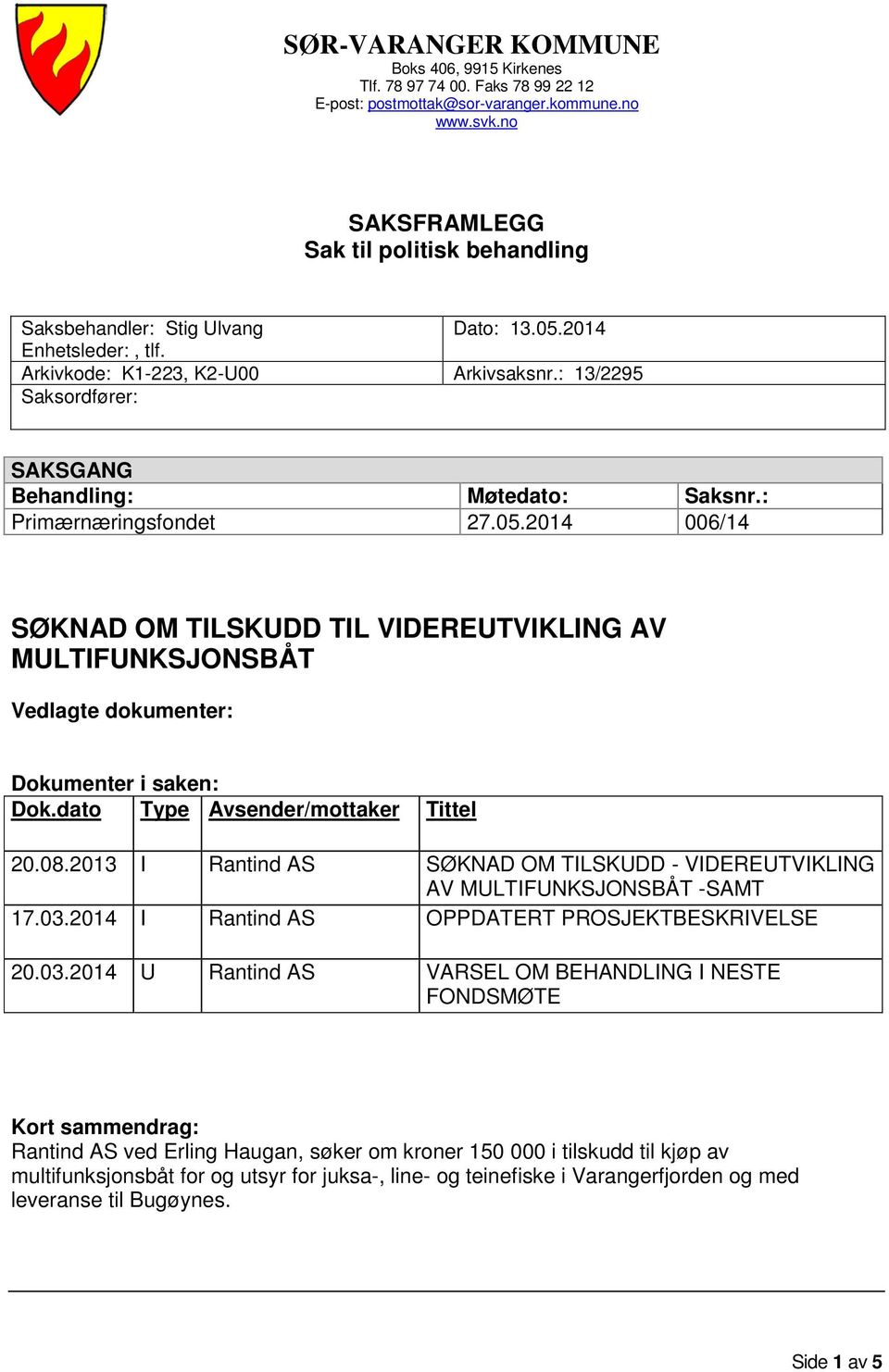 : 13/2295 Saksordfører: SAKSGANG Behandling: Møtedato: Saksnr.: Primærnæringsfondet 27.05.