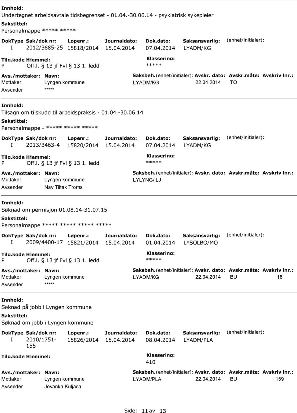 : LYLYNG/LJ Nav Tiltak Troms nnhold: Søknad om permisjon 01.08.14-31.07.15 ersonalmappe 2009/4400-17 15821/2014 01.04.2014 LYSOLBO/MO Avs./mottaker: Navn: Saksbeh. Avskr. dato: Avskr.