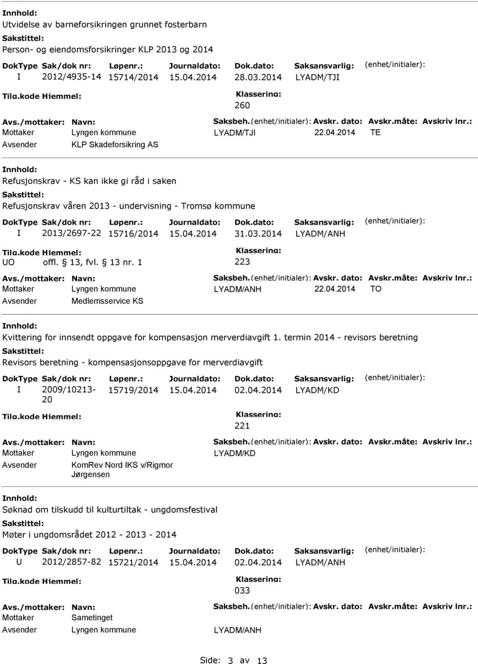 2014 TE KL Skadeforsikring AS nnhold: Refusjonskrav - KS kan ikke gi råd i saken Refusjonskrav våren 2013 - undervisning - Tromsø kommune 2013/2697-22 15716/2014 31.03.2014 O offl. 13, fvl. 13 nr.