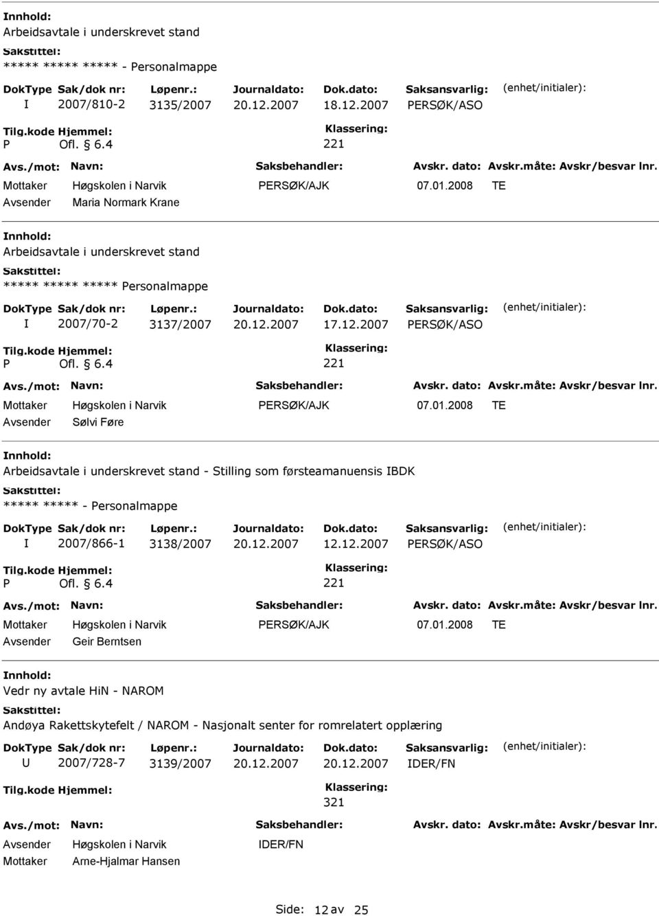 2008 TE Sølvi Føre nnhold: Arbeidsavtale i underskrevet stand - Stilling som førsteamanuensis BDK ***** ***** - ersonalmappe 2007/866-1 3138/2007 12.12.2007 Ofl.