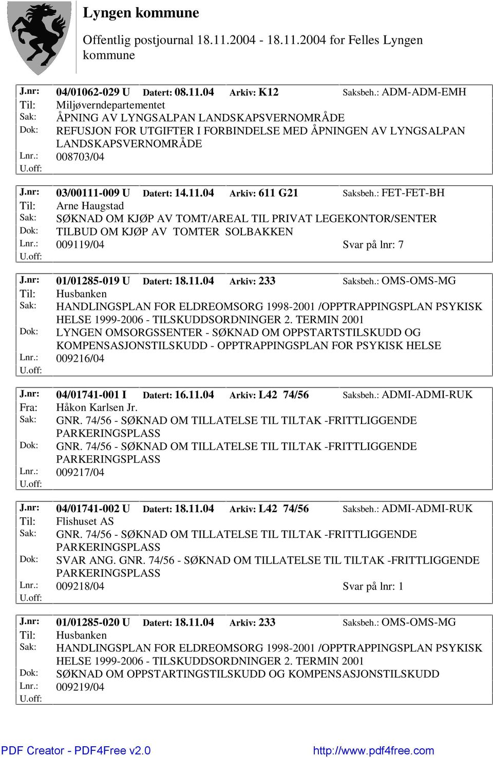 nr: 03/00111-009 U Datert: 14.11.04 Arkiv: 611 G21 Saksbeh.: FET-FET-BH Til: Arne Haugstad Sak: SØKNAD OM KJØP AV TOMT/AREAL TIL PRIVAT LEGEKONTOR/SENTER Dok: TILBUD OM KJØP AV TOMTER SOLBAKKEN Lnr.