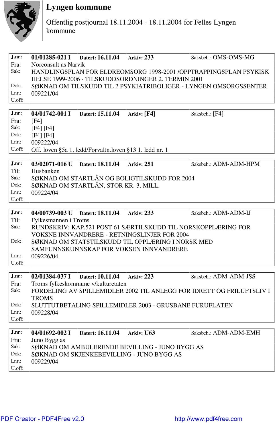 TERMIN 2001 Dok: SØKNAD OM TILSKUDD TIL 2 PSYKIATRIBOLIGER - LYNGEN OMSORGSSENTER Lnr.: 009221/04 J.nr: 04/01742-001 I Datert: 15.11.04 Arkiv: [F4] Saksbeh.