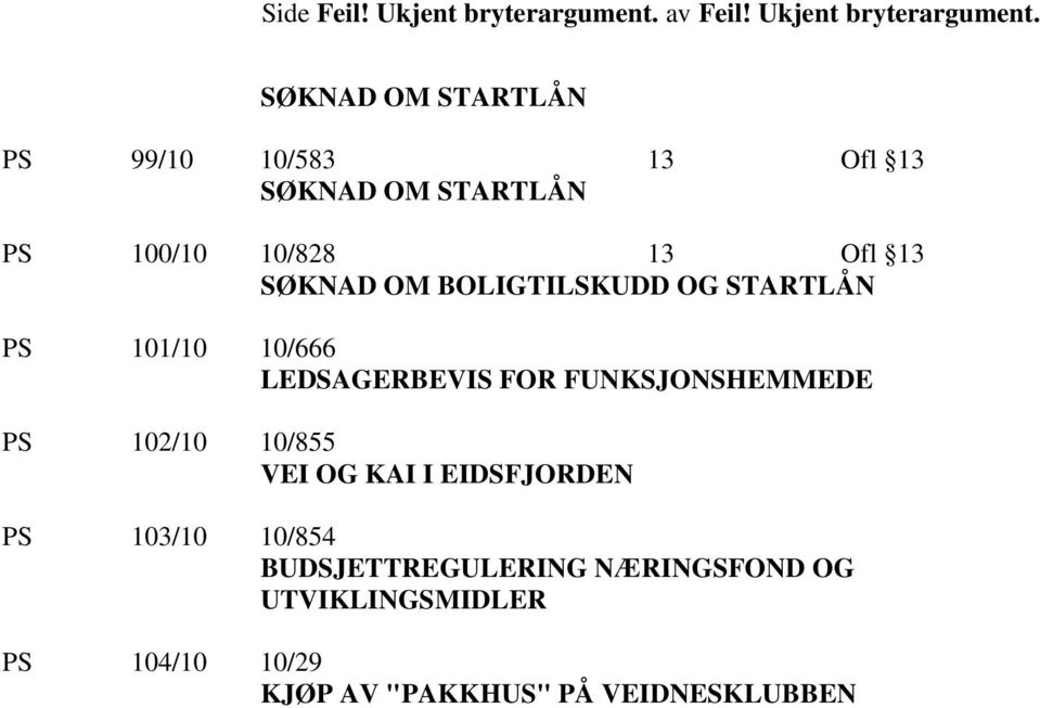 SØKNAD OM STARTLÅN PS 99/10 10/583 13 Ofl 13 SØKNAD OM STARTLÅN PS 100/10 10/828 13 Ofl 13 SØKNAD OM