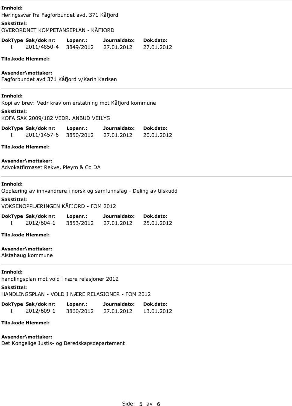 Kåfjord kommune KOFA SAK 2009/182 VEDR. ANBD VELYS 2011