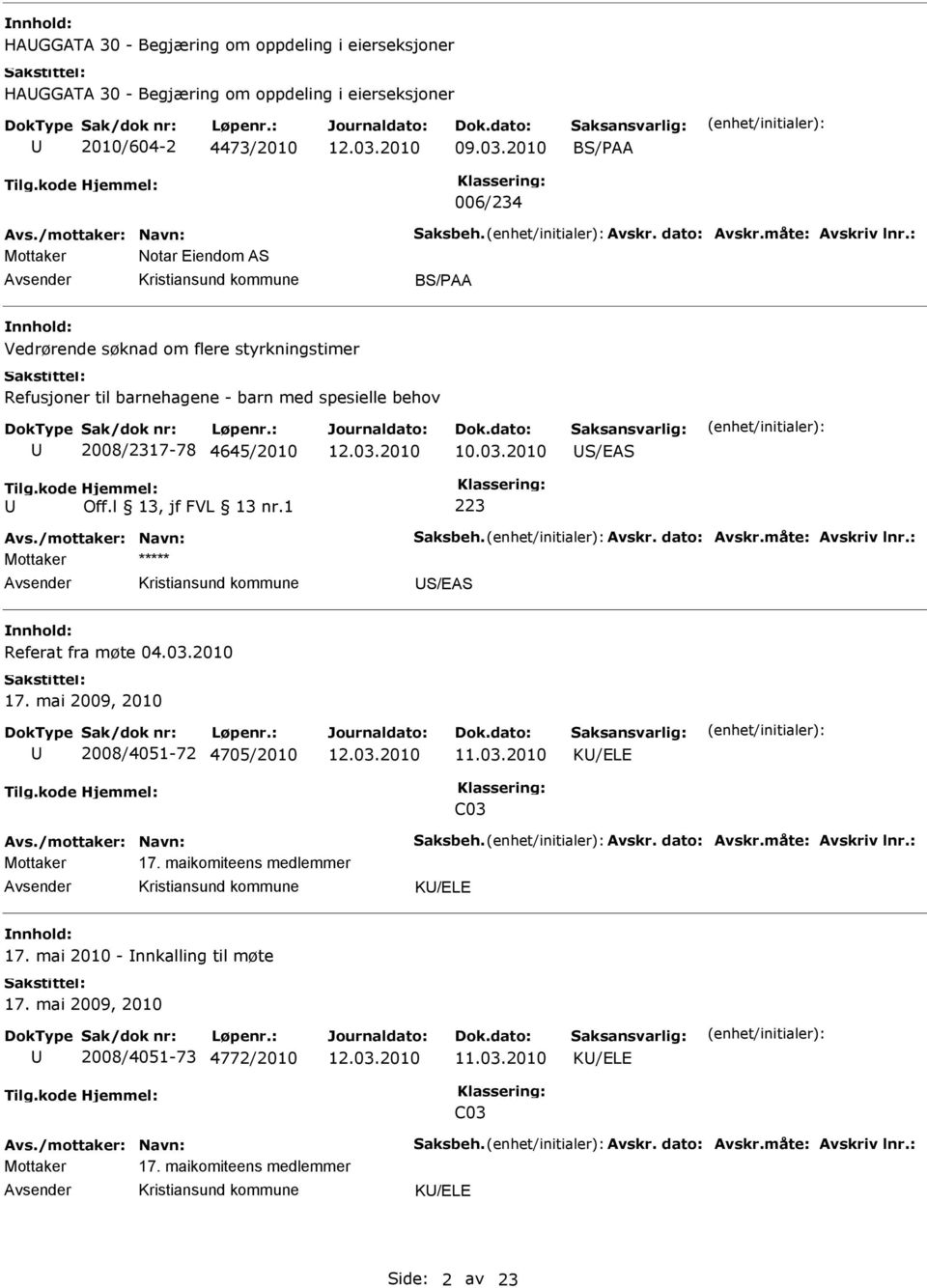 2008/2317-78 4645/2010 10.03.2010 S/EAS 223 Mottaker S/EAS Referat fra møte 04.03.2010 17.