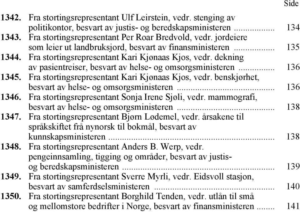 .. 136 1345. Fra stortingsrepresentant Kari Kjønaas Kjos, vedr. benskjørhet, besvart av helse- og omsorgsministeren... 136 1346. Fra stortingsrepresentant Sonja Irene Sjøli, vedr.