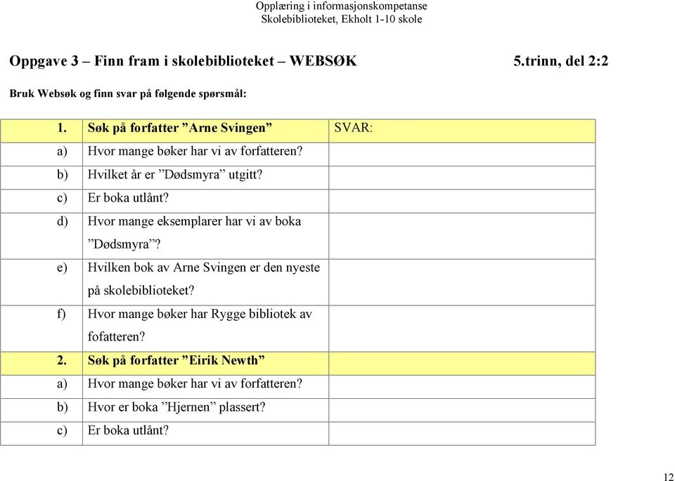 d) Hvor mange eksemplarer har vi av boka Dødsmyra? e) Hvilken bok av Arne Svingen er den nyeste på skolebiblioteket?