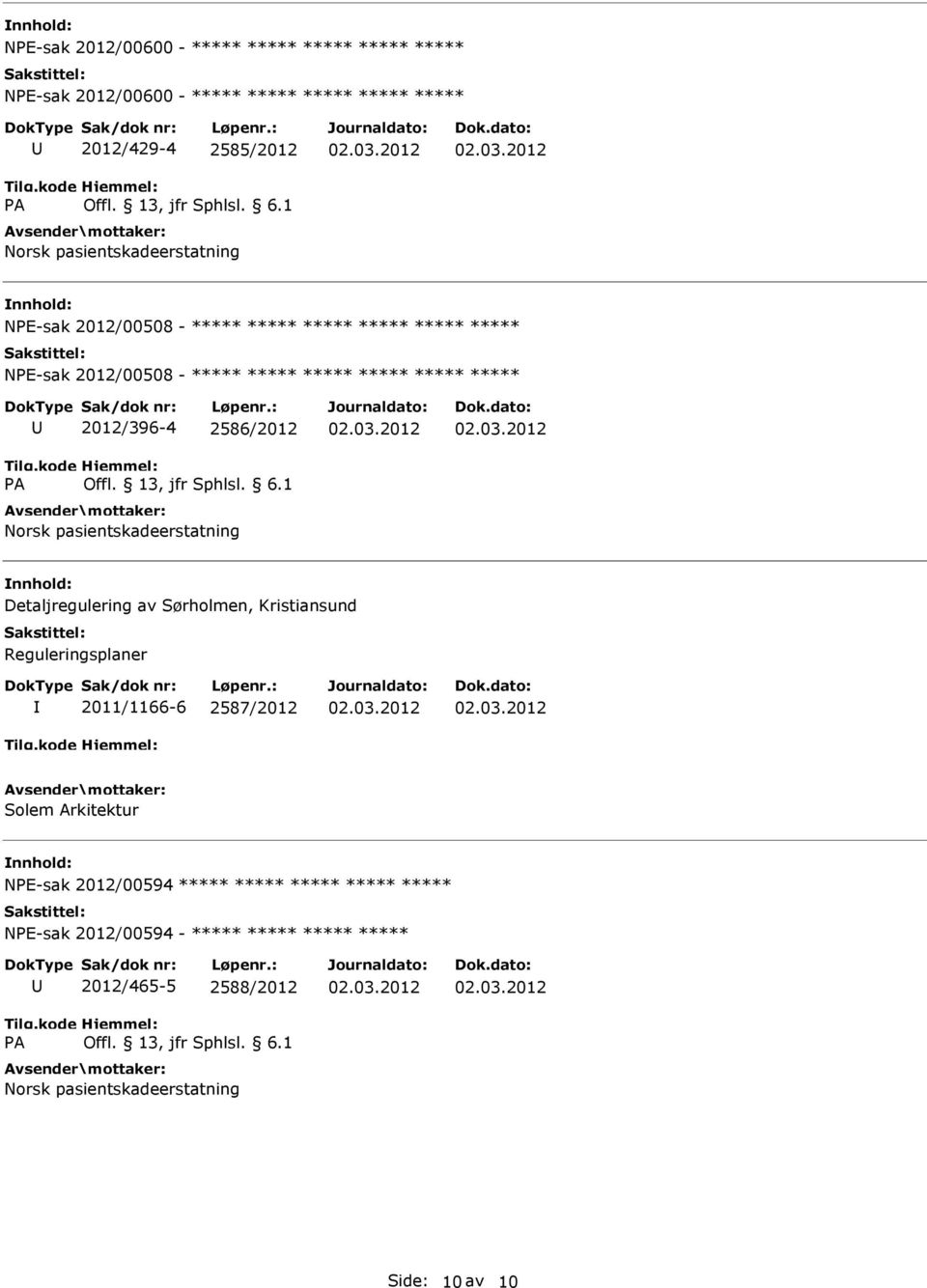 ***** 2012/396-4 2586/2012 Detaljregulering av Sørholmen, Kristiansund Reguleringsplaner 2011/1166-6 2587/2012 Solem