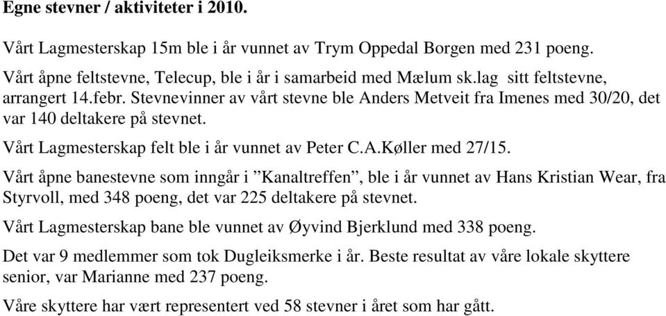 Vårt åpne banestevne som inngår i Kanaltreffen, ble i år vunnet av Hans Kristian Wear, fra Styrvoll, med 348 poeng, det var 225 deltakere på stevnet.