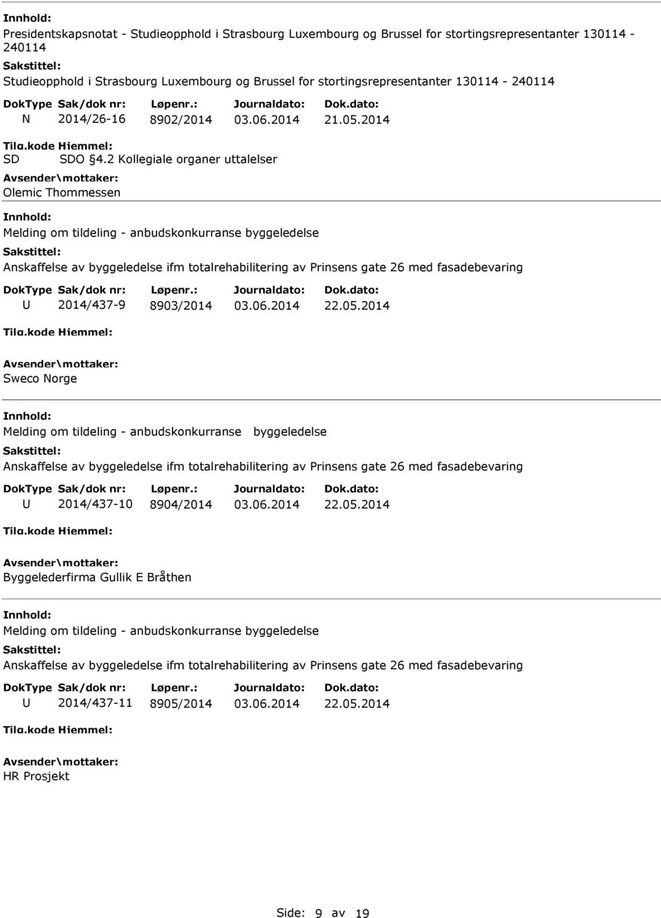 2 Kollegiale organer uttalelser Olemic Thommessen Melding om tildeling - anbudskonkurranse byggeledelse 2014/437-9 8903/2014 22.05.