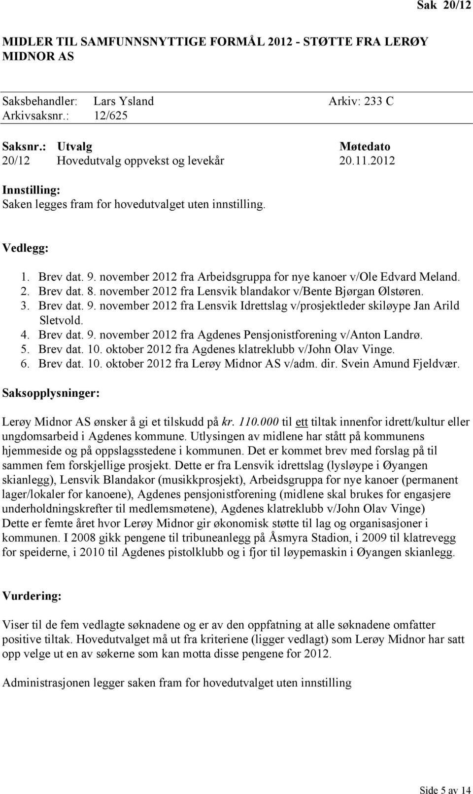 november 2012 fra Arbeidsgruppa for nye kanoer v/ole Edvard Meland. 2. Brev dat. 8. november 2012 fra Lensvik blandakor v/bente Bjørgan Ølstøren. 3. Brev dat. 9.