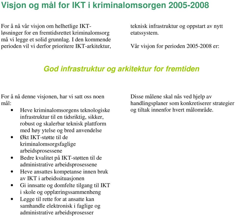 Vår visjon for perioden 2005-2008 er: God infrastruktur og arkitektur for fremtiden For å nå denne visjonen, har vi satt oss noen mål: Heve kriminalomsorgens teknologiske infrastruktur til en