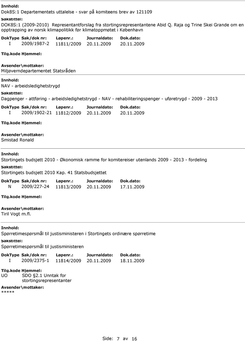 attføring - arbeidsledighetstrygd - NAV - rehabiliteringspenger - uføretrygd - 2009-2013 2009/1902-21 11812/2009 Smistad Ronald Stortingets budsjett 2010 - Økonomisk ramme for komitereiser utenlands