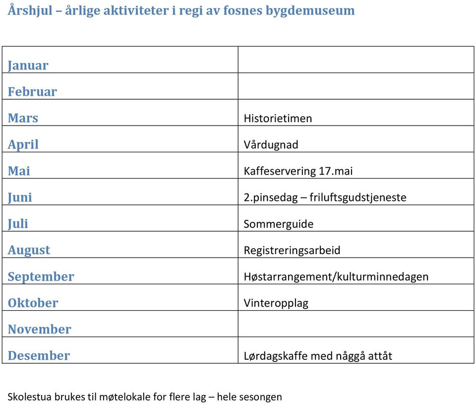 pinsedag friluftsgudstjeneste Sommerguide Registreringsarbeid Høstarrangement/kulturminnedagen