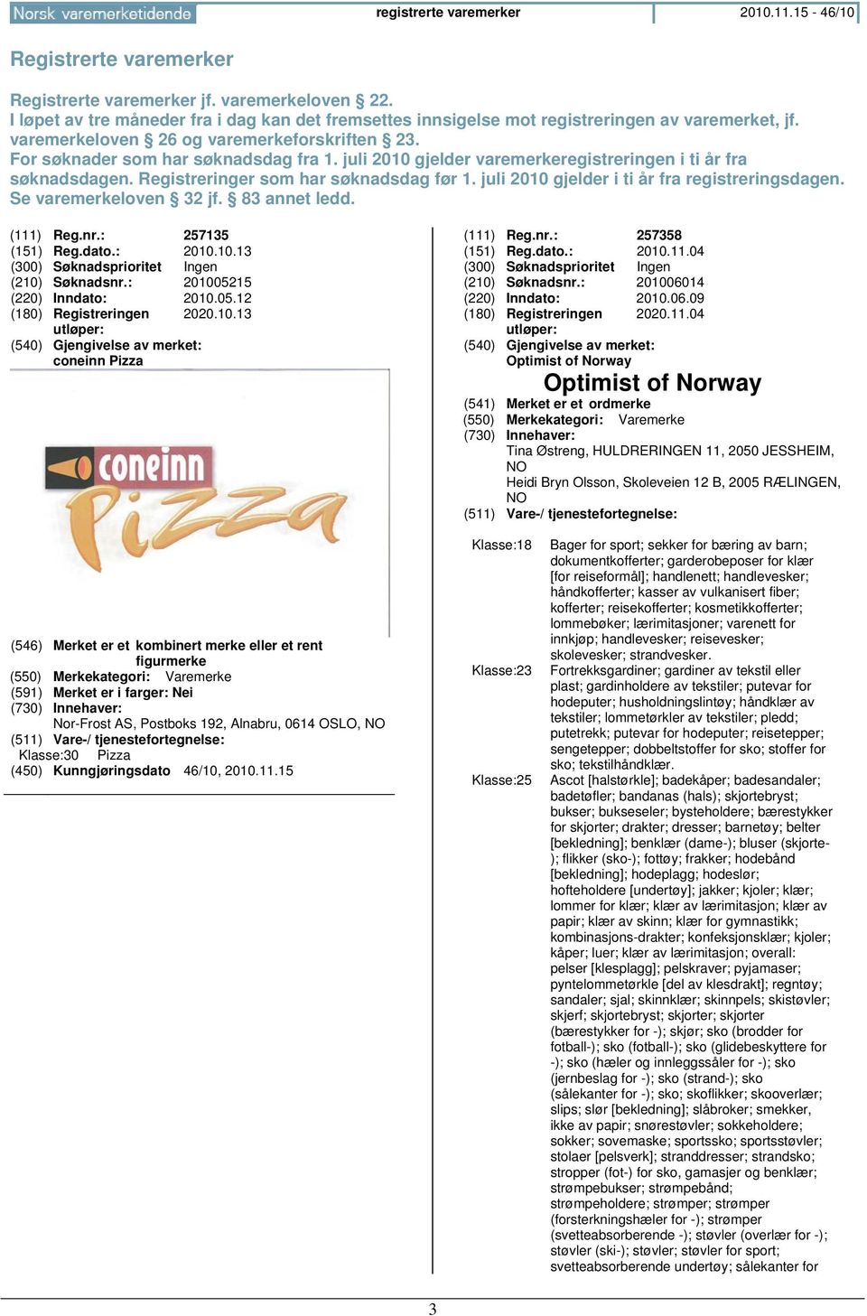 juli 2010 gjelder varemerkeregistreringen i ti år fra søknadsdagen. Registreringer som har søknadsdag før 1. juli 2010 gjelder i ti år fra registreringsdagen. Se varemerkeloven 32 jf. 83 annet ledd.