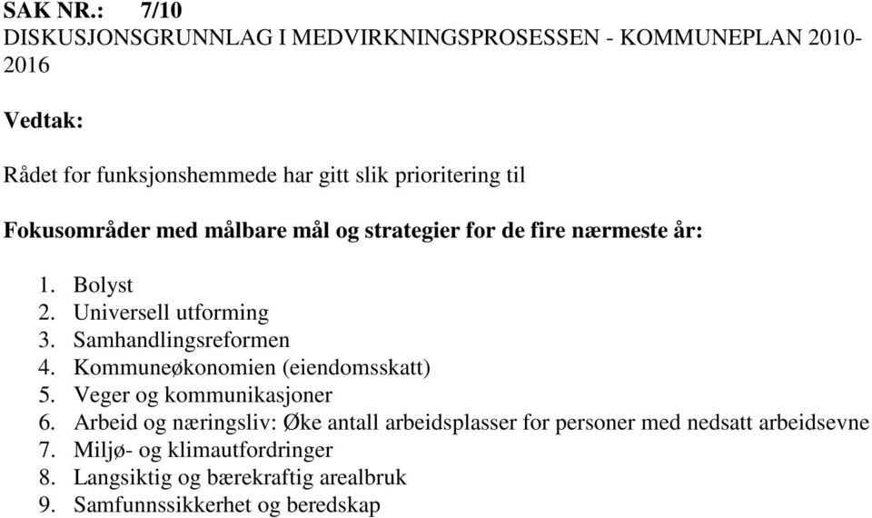 prioritering til Fokusområder med målbare mål og strategier for de fire nærmeste år: 1. Bolyst 2. Universell utforming 3.