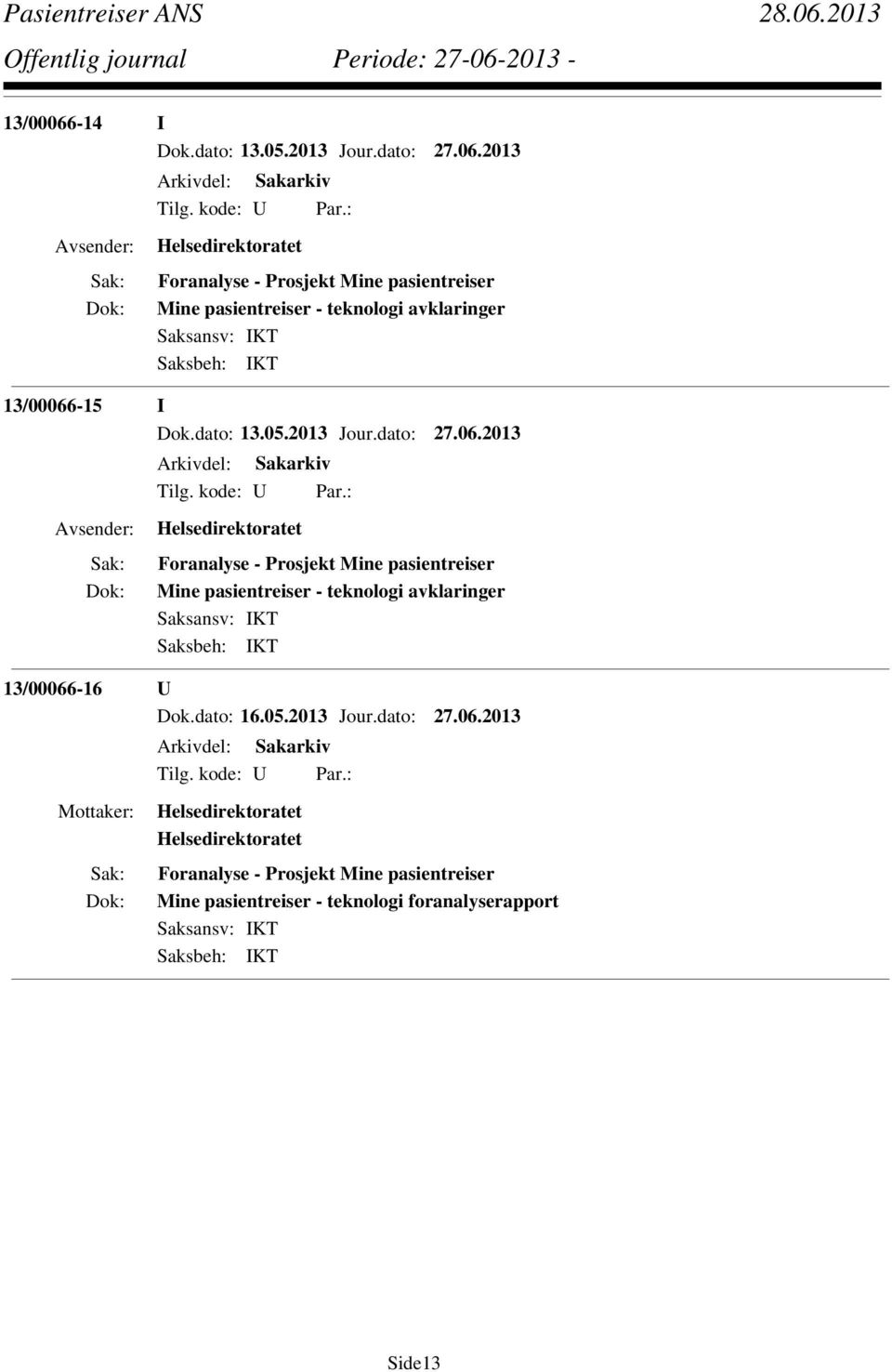 2013 Mine pasientreiser - teknologi avklaringer 13/00066-16 U Dok.dato: 16.05.