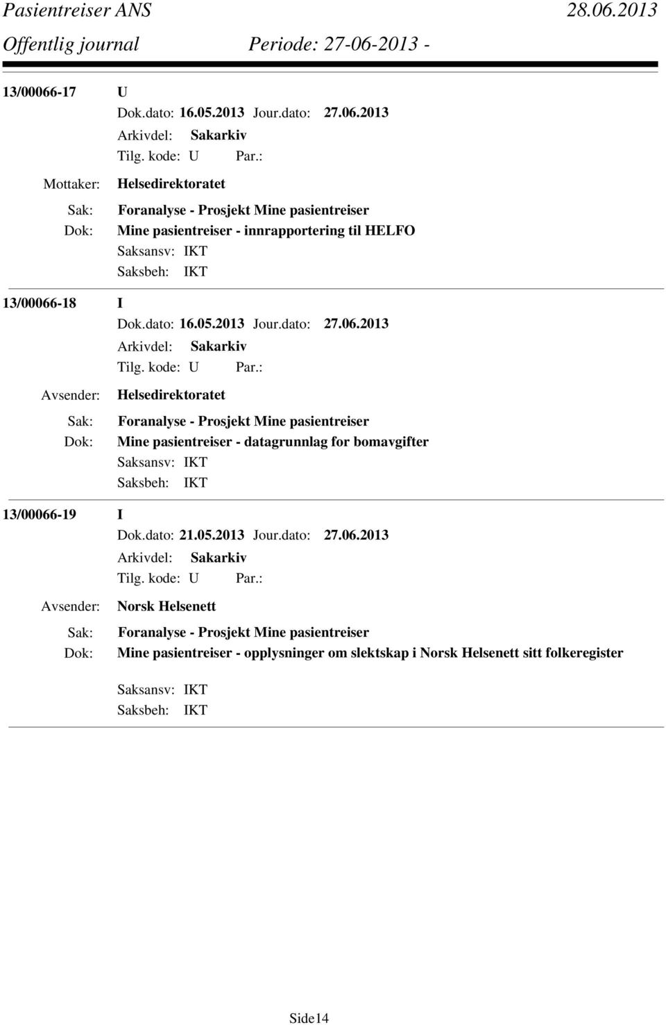 2013 Mine pasientreiser - datagrunnlag for bomavgifter 13/00066-19 I Dok.dato: 21.05.